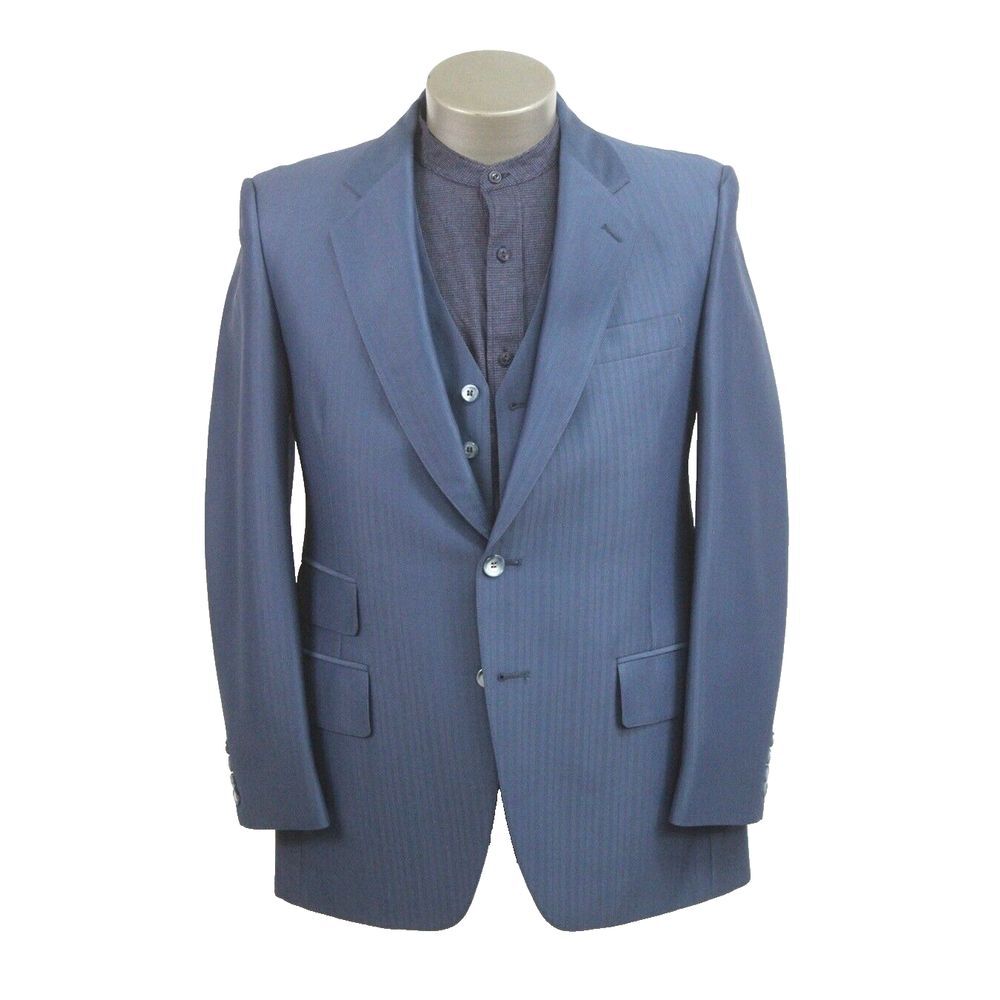 mens blue Vintage 70s 2pc vest blazer jacket sport suit coat polyester knit 38 R